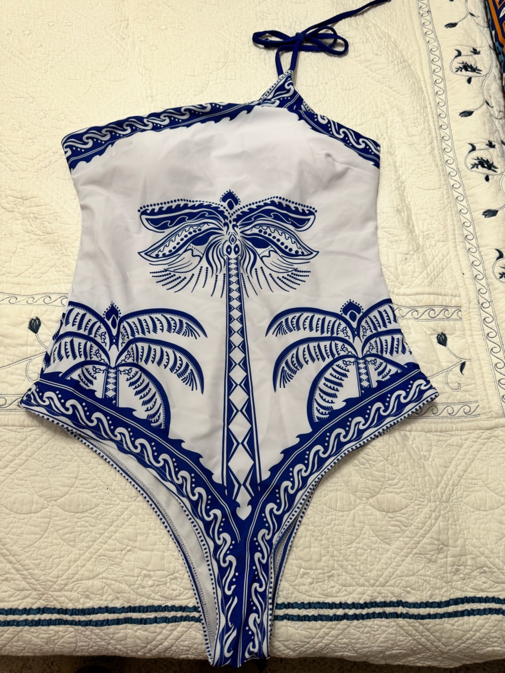 Women’s One-Piece Swim Suit - White with Blue Palm Print with skirt cover XL